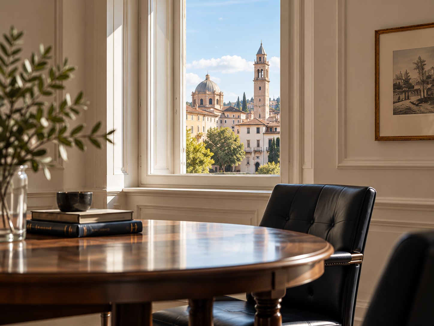 Sala di consulenza luminosa con tavolo e vista sulla città.
